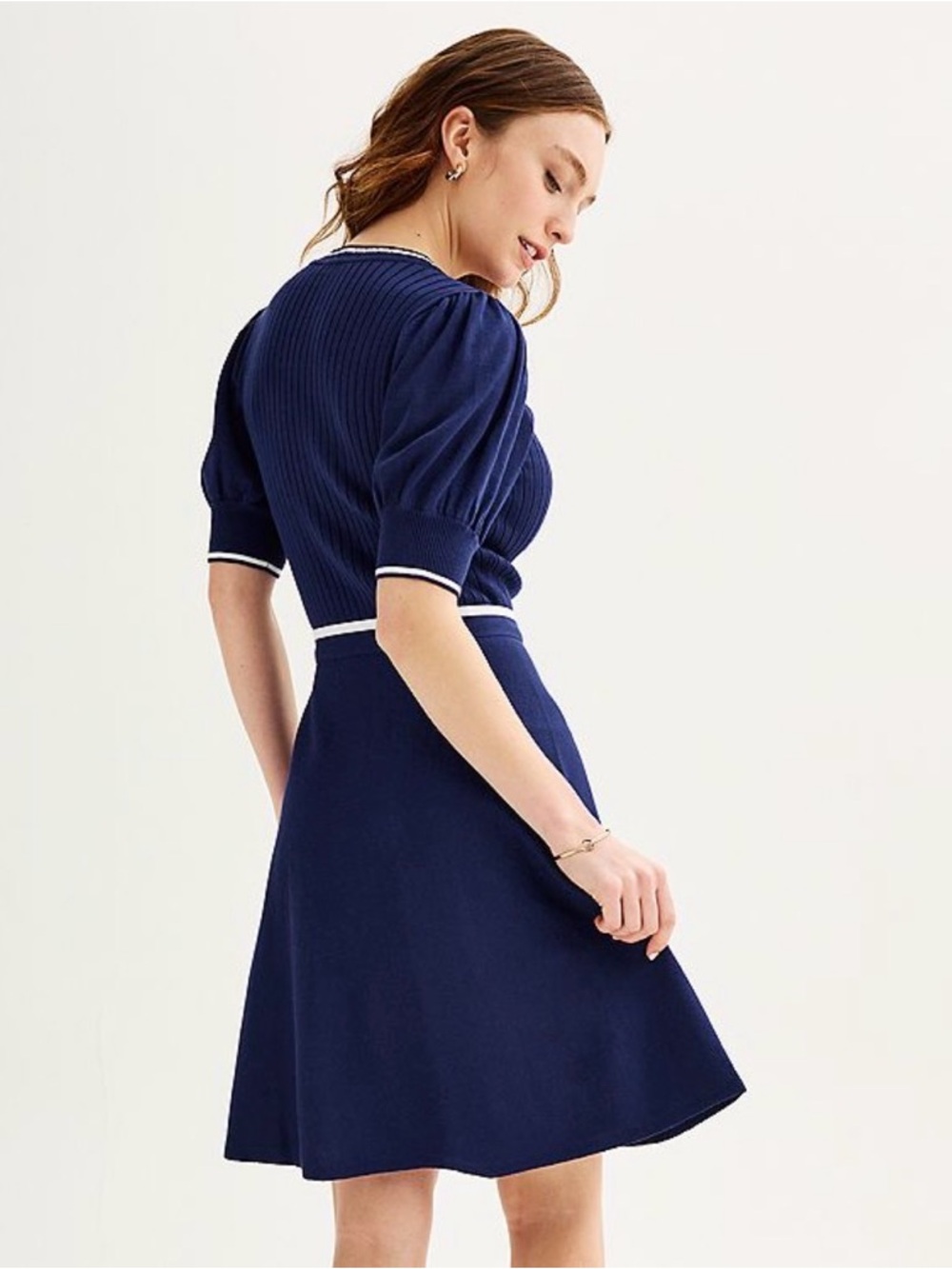 Draper James RSVP Navy Knit Fit Flare Dress Puff Sleeve Medium - Picture 2 of 8